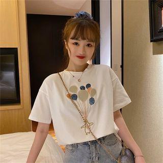 Short-sleeve Balloon Embroidered Sequined T-shirt