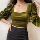 Cropped Square-neck Puff-sleeve Velvet Top