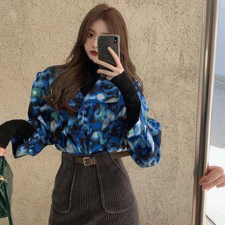 Tie-dye Print Blouse / Long-sleeve Plain Top / Mini A-line Skirt