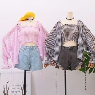 Set: Checked Smocked Top + Chiffon Shirt