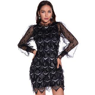 Long-sleeve Sequined Rhinestone Fringed Sheath Cocktail Dress