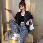 Short-sleeve Double Breasted Blazer / Houndstooth Straight-leg Wide-leg Pants