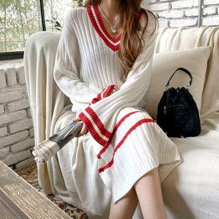V-neck Piped Ribbed Knit Long Dress