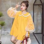 Flower Embroidered Mini Long-sleeve Collared Dress