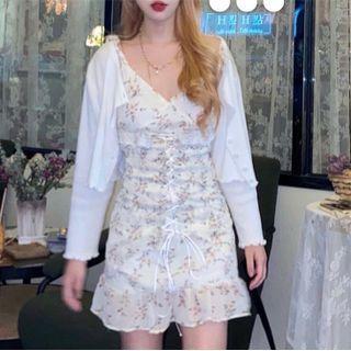 Spaghetti Strap Floral Print Lace-up Mini Dress / Frill Trim Cardigan