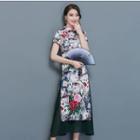 Print Short-sleeve Mandarin Collar Midi Dress