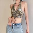 V-neck Two Tone Plaid Cropped Top