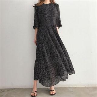 Bell-sleeve Floral Chiffon Maxi Dress