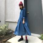 Denim Long-sleeve A-line Midi Dress Blue - One Size