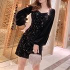 Long-sleeve Sequined Mini A-line Velvet Dress