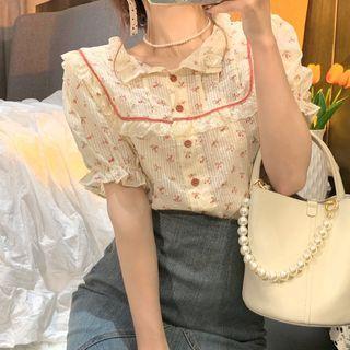 Short-sleeve Floral Lace Trim Blouse Floral - Almond - One Size
