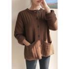 Dual-pocket Rib-knit Cardigan Brown - One Size