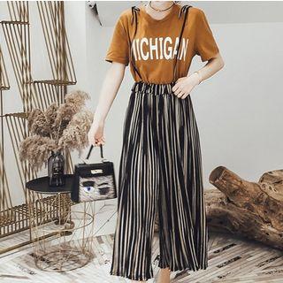 Set: Short Sleeve T-shirt + Striped Suspender Wide Leg Pants