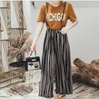 Set: Short Sleeve T-shirt + Striped Suspender Wide Leg Pants