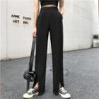 Pinstriped Slit-front Straight-cut Pants Black - One Size