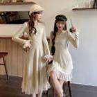 Bell-sleeve Mesh Trim Ribbed A-line Dress