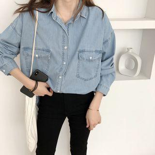 Denim Long-sleeve Blouse Blue - M