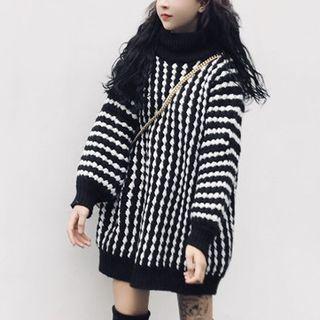 Striped Turtleneck Long Sweater Black - One Size