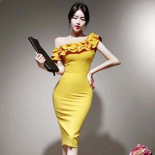 One-sleeve Ruffled Sheath Dress