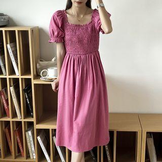 Square-neck Plain Pleated A-line Dress