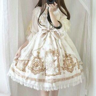 3/4-sleeve Printed Lace Panel A-line Dress