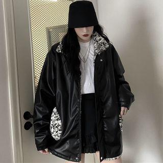 Reversible Stand-collar Leopard Print Faux Leather Jacket