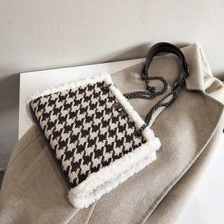 Furry Trim Houndstooth Crossbody Bag