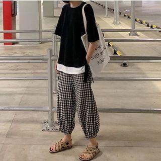Mock Two-piece Short-sleeve T-shirt / Gingham Cropped Harem Pants