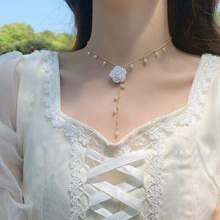 Flower Pendant Necklace Camellia Pearl Necklace - Gold Plating - One Size