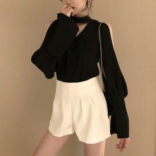 Slit-sleeve Open Front Blouse / Shorts