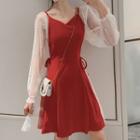 Mock Two-piece Faux Pearl Long-sleeve A-line Dress