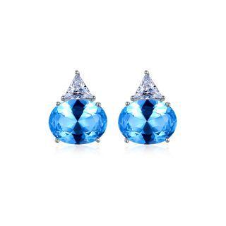 Sterling Silver Simple Fashion Geometric Oval Blue Cubic Zirconia Stud Earrings Silver - One Size