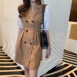Puff-sleeve Double Breasted A-line Mini Dress
