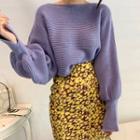 Lantern-sleeve Sweater / Flower Print Midi Pencil Skirt