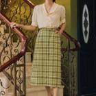 Set: Short-sleeve Top + Plaid Midi Skirt