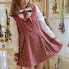 Mock Two Piece Long-sleeve Plaid A-line Dress Plaid - Dark Red - One Size