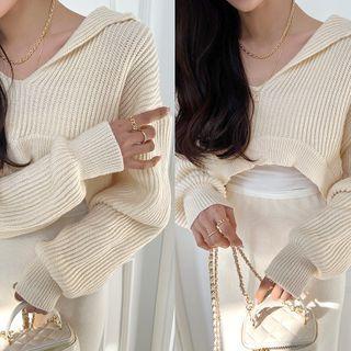 Set: Sailor-collar Cropped Sweater + Tank Top Cream - One Size