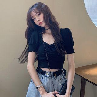 Puff Sleeve Square Neck Ruched Crop T-shirt