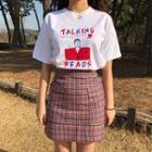 Short-sleeve Printed T-shirt / Plaid Pencil Skirt