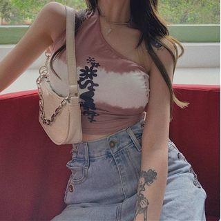 Graphic Print One-shoulder Tank Top Mauve Red & White - One Size
