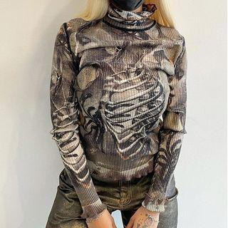 Print Turtle-neck Ribbed Top