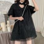 Organza Short-sleeve A-line Dress Black - One Size
