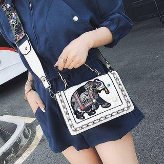 Embroidered Elephant Faux Leather Handbag