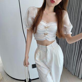 Short-sleeve Mesh Cropped Blouse White - One Size