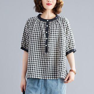 Contrast Trim Elbow-sleeve Gingham Blouse