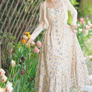 Set: Spaghetti-strap Floral Midi A-line Dress + Light Jacket