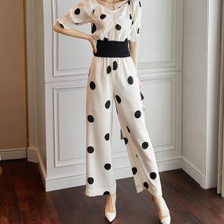 Set: Short-sleeve Dotted Blouse + Wide-leg Pants