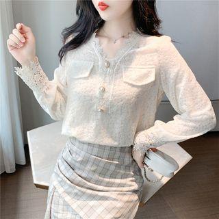 Long Sleeve V-neck Lace Panel Velvet Top