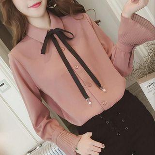 Tie-neck Flared-sleeve Chiffon Blouse