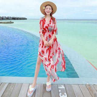 Elbow-sleeve Print Chiffon Maxi Dress